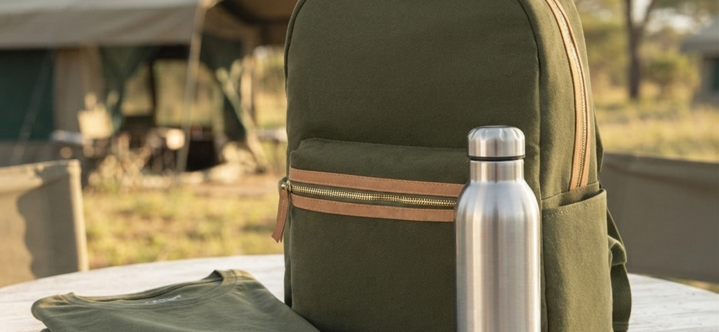 Ein olivgrüner Rucksack mit Lederbesatz steht auf einem rustikalen Holztisch im Freien vor einem Safarizelt. Davor liegen ein zusammengefaltetes olivgrünes T-Shirt und zwei Schlüsselanhänger, einer aus Holz und einer mit einem kleinen Licht. Rechts steht eine Edelstahl-Wasserflasche mit Korkboden.