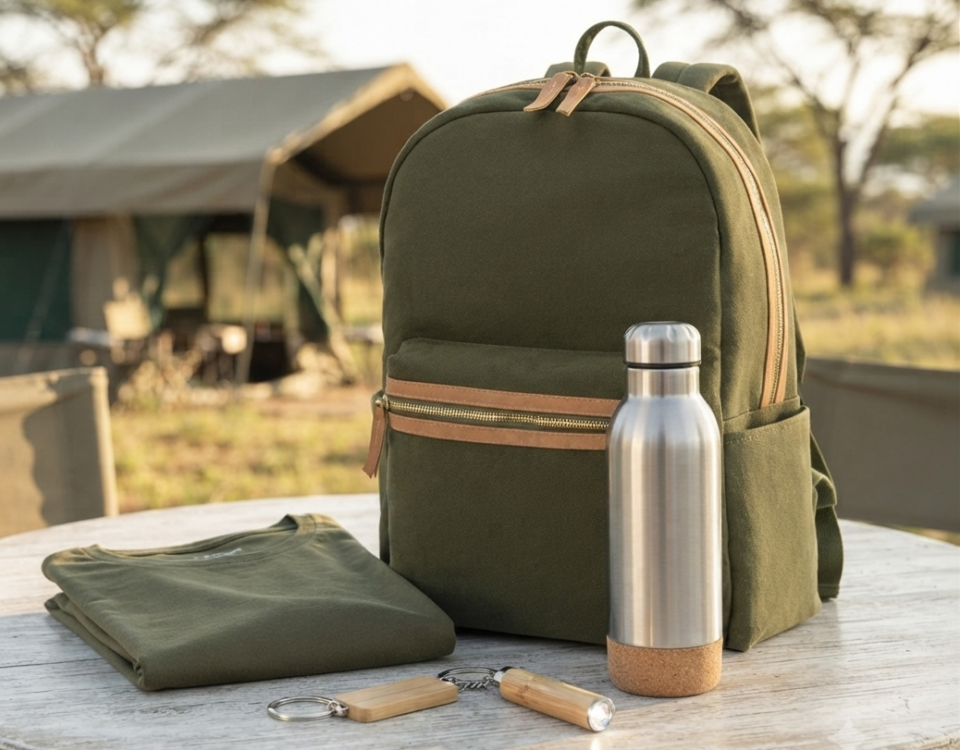 Ein olivgrüner Rucksack mit Lederbesatz steht auf einem rustikalen Holztisch im Freien vor einem Safarizelt. Davor liegen ein zusammengefaltetes olivgrünes T-Shirt und zwei Schlüsselanhänger, einer aus Holz und einer mit einem kleinen Licht. Rechts steht eine Edelstahl-Wasserflasche mit Korkboden.