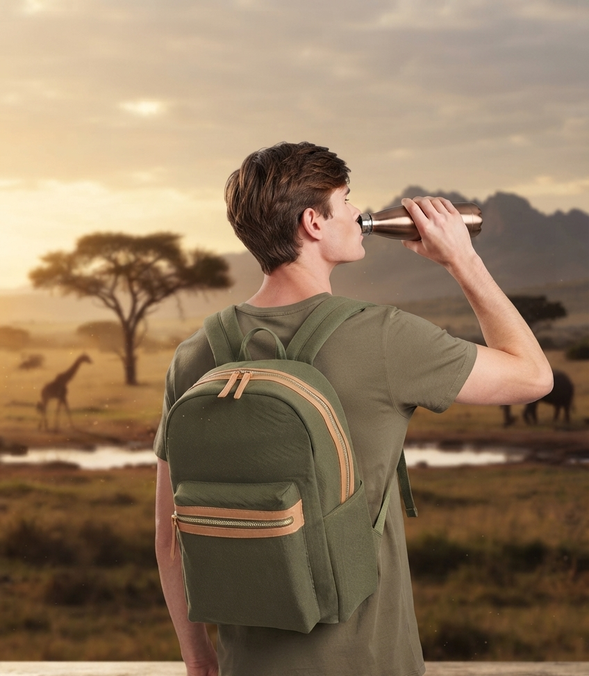 Ein Mann von hinten, der in die Ferne der afrikanischen Savanne blickt und aus einer Edelstahl-Wasserflasche trinkt. Er trägt ein olivgrünes T-Shirt und den olivgrünen Rucksack aus image_11.png. Im Hintergrund sind Giraffen, Akazienbäume und Berge unter einem goldenen Sonnenuntergangshimmel sichtbar.