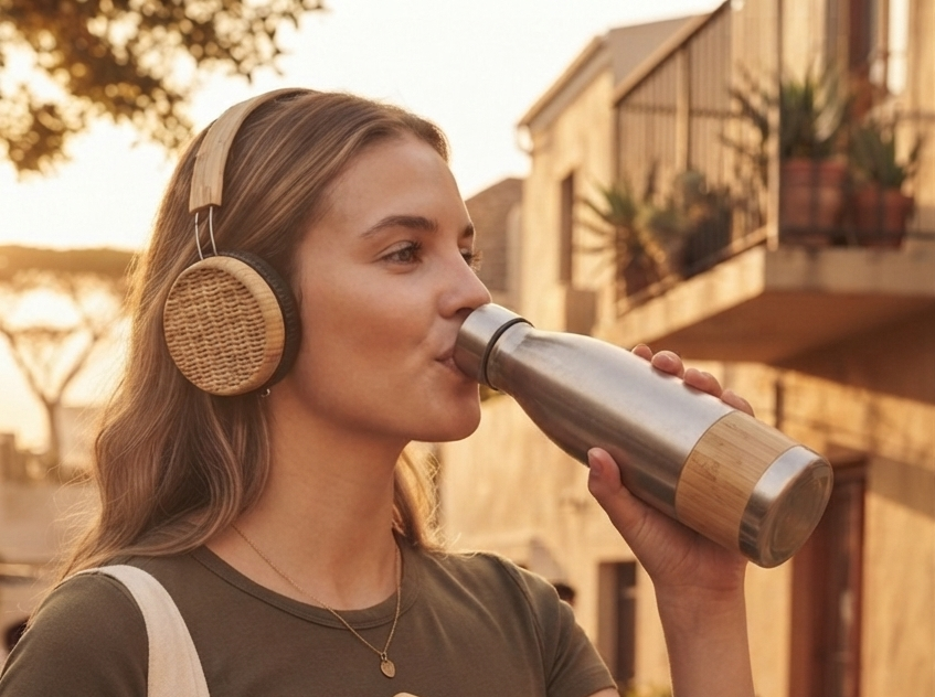 Eine Studentin, die das „Savanna Eco-Commuter“-Kit verwendet, geht bei Sonnenuntergang durch eine südafrikanisch anmutende Gasse. Sie trägt einen Kopfhörer mit Bambus- und Textilohrmuscheln, hält ein bambusgebundenes Notizbuch in der linken Hand und trinkt aus einer Edelstahl-Trinkflasche mit Bambus-Basis.