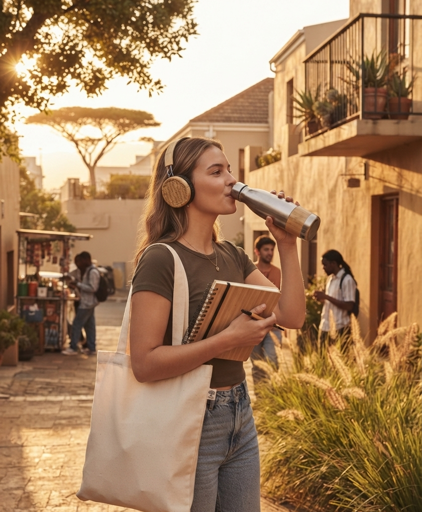 Eine Studentin, die das „Savanna Eco-Commuter“-Kit verwendet, geht bei Sonnenuntergang durch eine südafrikanisch anmutende Gasse. Sie trägt einen Kopfhörer mit Bambus- und Textilohrmuscheln, hält ein bambusgebundenes Notizbuch in der linken Hand und trinkt aus einer Edelstahl-Trinkflasche mit Bambus-Basis. Über ihrer Schulter hängt eine Stofftragetasche.