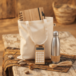 Die vier Elemente des „Savanna Eco-Commuter“-Kits: eine Stofftragetasche, eine Edelstahl-Trinkflasche mit Bambuselement, ein bambusgebundenes Notizbuch und ein bambusgebundener Taschenrechner, arrangiert auf einem rustikalen Holztisch.