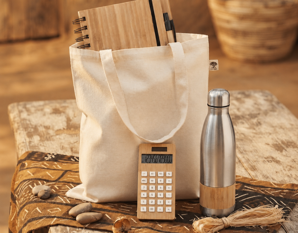 Die vier Elemente des „Savanna Eco-Commuter“-Kits: eine Stofftragetasche, eine Edelstahl-Trinkflasche mit Bambuselement, ein bambusgebundenes Notizbuch und ein bambusgebundener Taschenrechner, arrangiert auf einem rustikalen Holztisch.