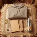 Nachhaltiges Green Nomad Casual Kit mit Bio-Hoodie, Bambus-Notizbuch, Zahnbürste und Edelstahl-Sportflasche vor einer afrikanischen Savannen-Landschaft bei Sonnenuntergang.