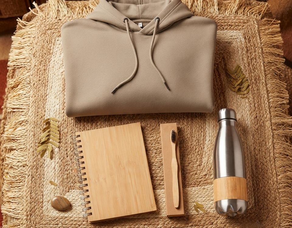 Nachhaltiges Green Nomad Casual Kit mit Bio-Hoodie, Bambus-Notizbuch, Zahnbürste und Edelstahl-Sportflasche vor einer afrikanischen Savannen-Landschaft bei Sonnenuntergang.