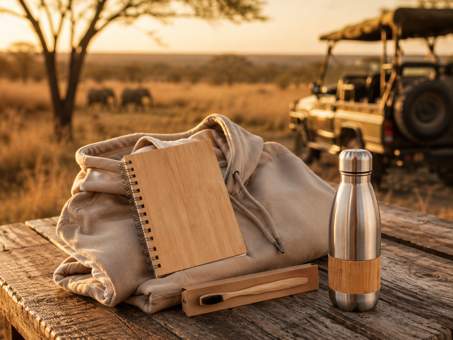 Nachhaltiges Green Nomad Casual Kit mit Bio-Hoodie, Bambus-Notizbuch, Zahnbürste und Edelstahl-Sportflasche vor einer afrikanischen Savannen-Landschaft bei Sonnenuntergang.