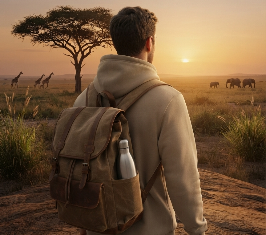 Rückansicht eines Mannes mit Kapuzenpulli und einem Canvas-Leder-Rucksack, in dessen Seitentasche eine silberne, nachhaltige Flasche steckt. Er steht auf einem Felsen und blickt in die afrikanische Savanne im Sonnenuntergang, in der Giraffen und Elefanten zu sehen sind.