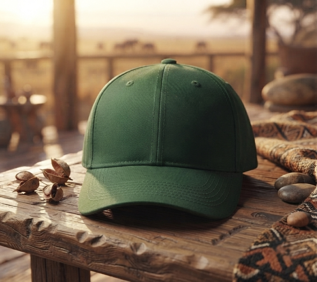 Abenteuer Natur!Dunkelgrüne Premium-Outdoor-Baseballcap auf rustikalem Holztisch vor afrikanischer Savannen-Kulisse