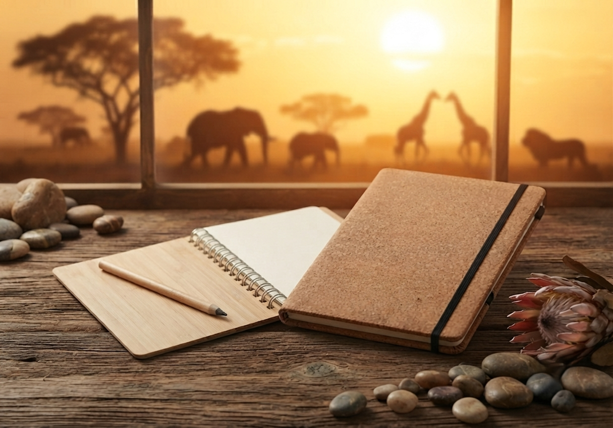 Abenteuer Natur!Kleine Entdeckerin mit nachhaltigem Jute-Gymbag und Trinkflasche vor afrikanischer Savannen-Kulisse