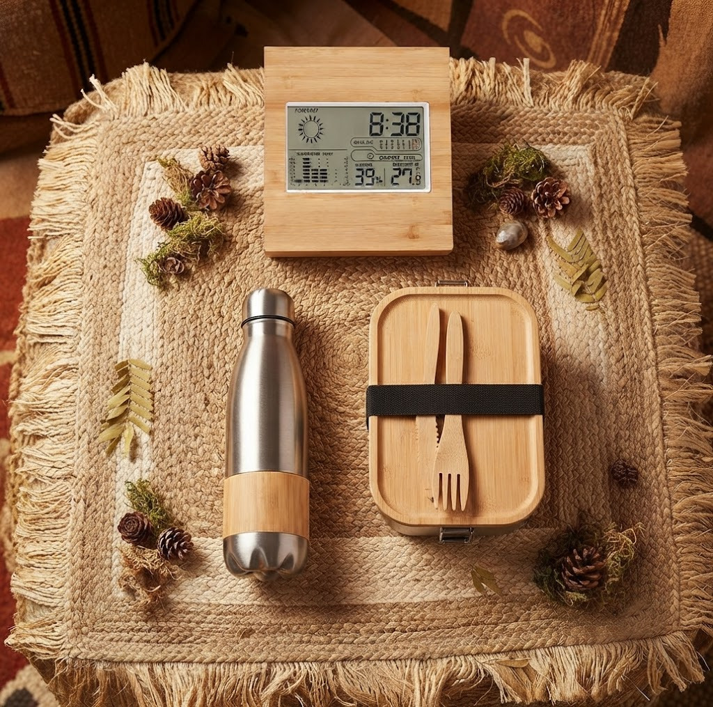 Ein nachhaltiges Picknick-Set mit Bambus-Lunchbox, Besteck, Trinkflasche und Holzuhr, dekorativ arrangiert auf einer strukturierten Textildecke umgeben von Tannenzapfen und Moos.