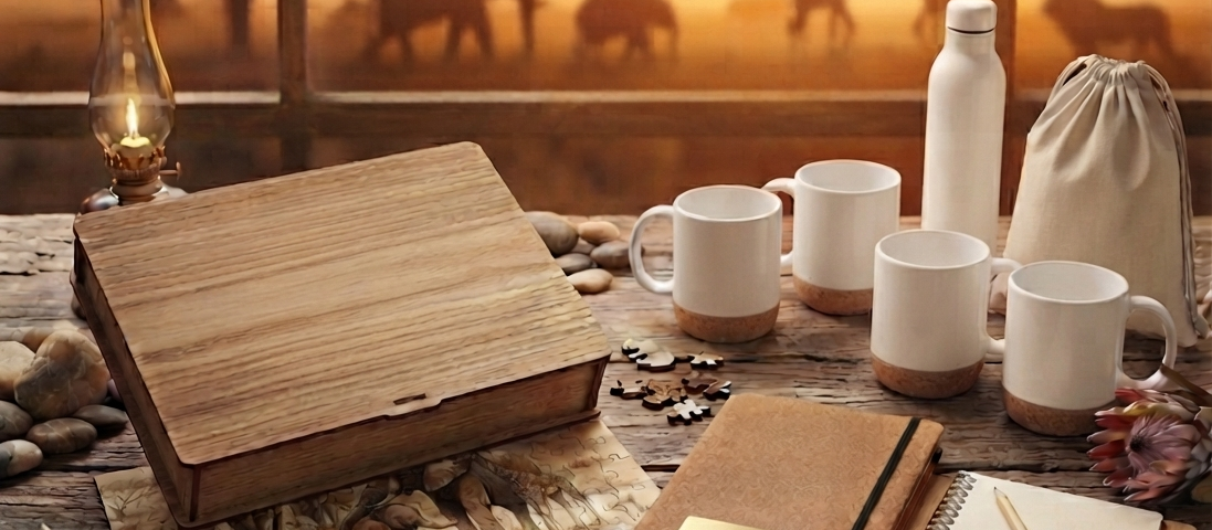 Yerana-Erlebniswelt!Safari-Geschenkset in einer Holzbox mit Tassen, Thermoskanne, Notizbuch und Puzzleteilen vor einer afrikanischen Sonnenuntergangskulisse.