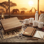 Yerana-Erlebniswelt!Safari-Geschenkset in einer Holzbox mit Tassen, Thermoskanne, Notizbuch und Puzzleteilen vor einer afrikanischen Sonnenuntergangskulisse.