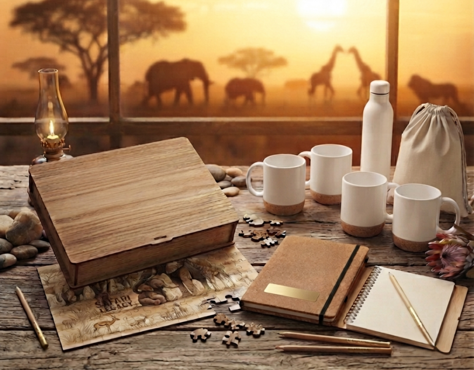 Yerana-Erlebniswelt!Safari-Geschenkset in einer Holzbox mit Tassen, Thermoskanne, Notizbuch und Puzzleteilen vor einer afrikanischen Sonnenuntergangskulisse.