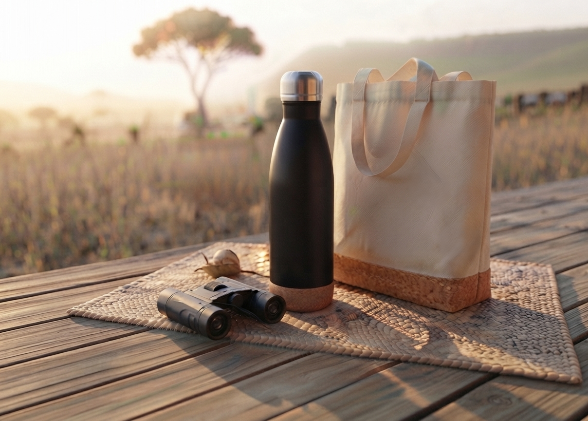 Abenteuer Natur!Schwarze Edelstahl-Trinkflasche mit Korkboden, helle Jute-Tragetasche und ein kompaktes Fernglas auf einer Matte vor afrikanischer Savannen-Landschaft