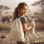 Abenteuer Natur!Kleine Entdeckerin lächelt in die Kamera mit einem nachhaltigen Jute-Gymbag und einer weißen Trinkflasche vor afrikanischer Savannen-Kulisse
