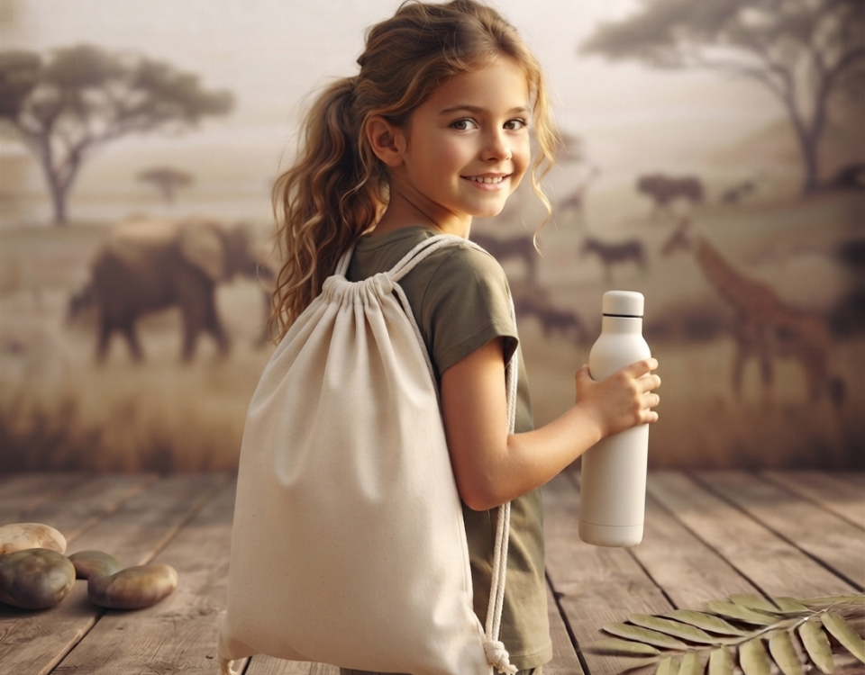 Abenteuer Natur!Kleine Entdeckerin lächelt in die Kamera mit einem nachhaltigen Jute-Gymbag und einer weißen Trinkflasche vor afrikanischer Savannen-Kulisse