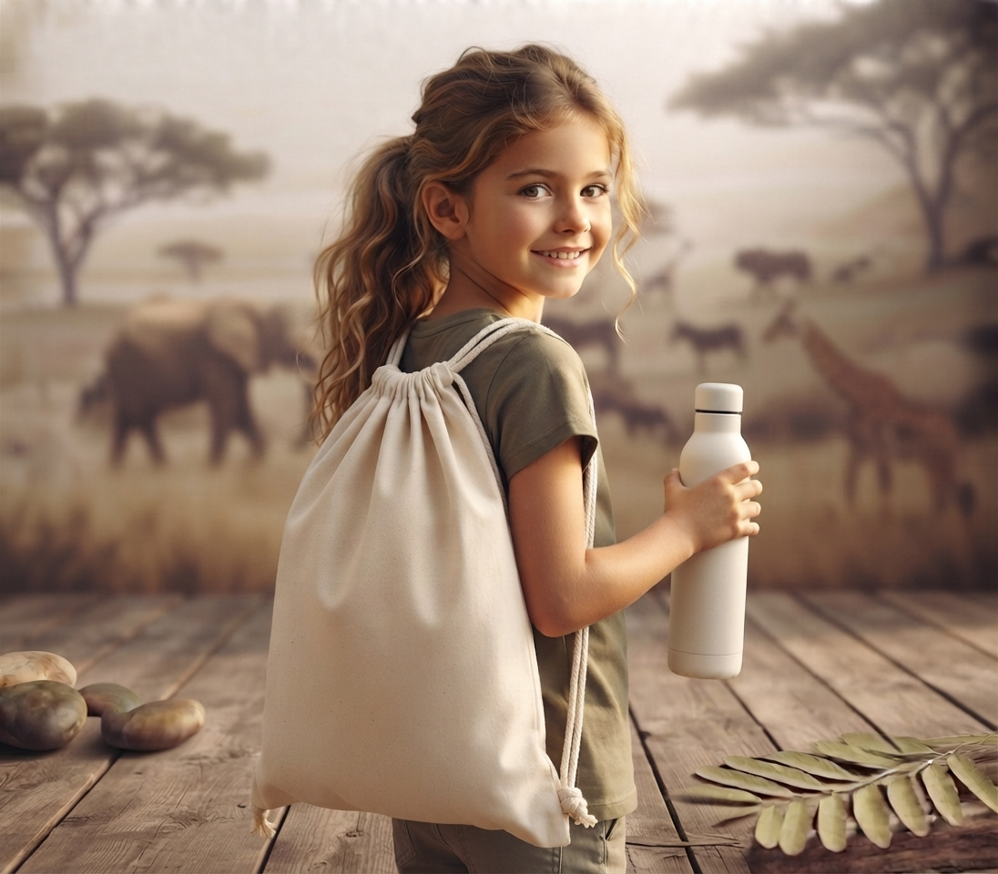 Abenteuer Natur!Kleine Entdeckerin lächelt in die Kamera mit einem nachhaltigen Jute-Gymbag und einer weißen Trinkflasche vor afrikanischer Savannen-Kulisse
