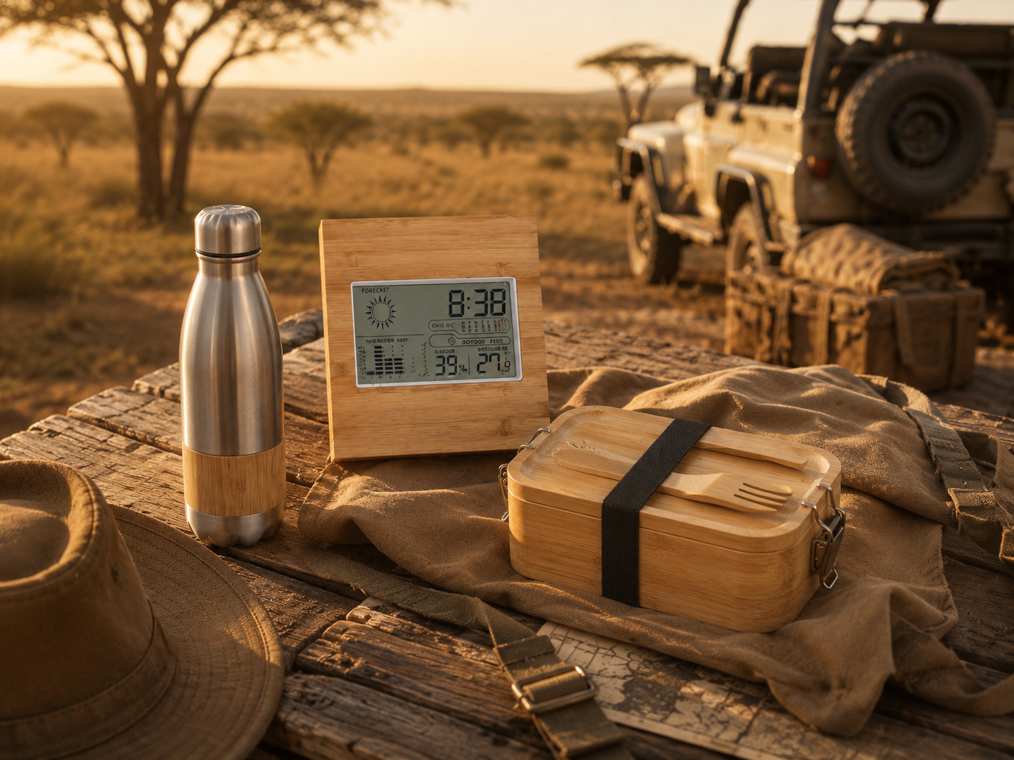 Nachhaltiges Picknick-Set bestehend aus einer Edelstahl-Trinkflasche mit Holzakzent, einer Bambus-Lunchbox mit Besteck und einer Holzuhr auf einem Holztisch in einer afrikanischen Savannenlandschaft bei Sonnenuntergang.