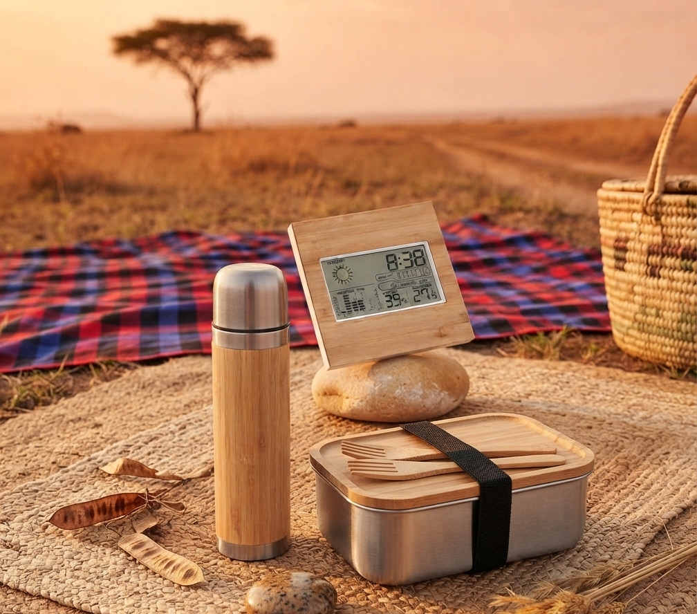 Nachhaltiges Picknick-Set bestehend aus einer Edelstahl-Trinkflasche mit Holzakzent, einer Bambus-Lunchbox mit Besteck und einer Holzuhr auf einem Holztisch in einer afrikanischen Savannenlandschaft bei Sonnenuntergang.