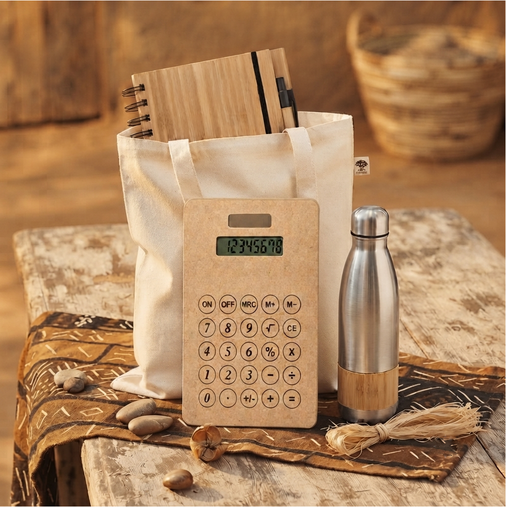 Die vier Elemente des „Savanna Eco-Commuter“-Kits: eine Stofftragetasche, eine Edelstahl-Trinkflasche mit Bambuselement, ein bambusgebundenes Notizbuch und ein bambusgebundener Taschenrechner, arrangiert auf einem rustikalen Holztisch.