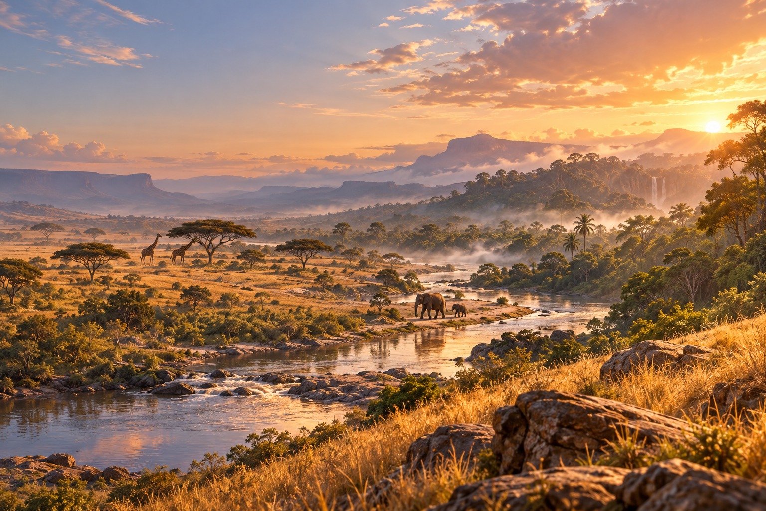 Weite afrikanische Landschaft im Abendlicht: vorn trockene Steppe, in der Mitte Savanne mit Schirmakazien, hinten der Rand des Regenwalds an einem Fluss; eine Elefantenkuh mit Kalb zieht ruhig am Ufer entlang, in der Ferne zwei Giraffen.