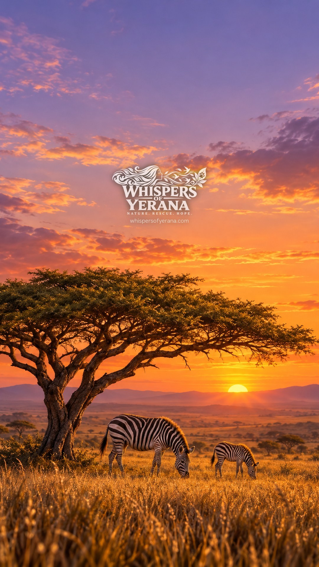 Savanne bei Sonnenuntergang im Hochformat mit Schirmakazie und Steppenzebras, unten das Logo von Whispers of Yerana und die Adresse whispersofyerana.com.