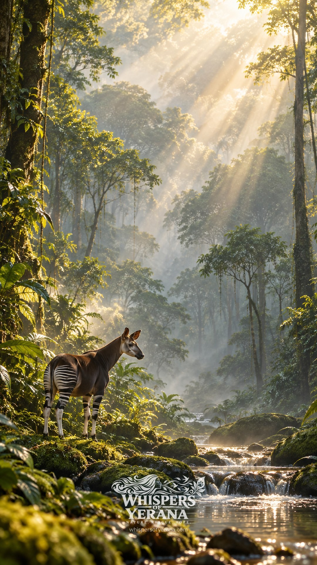 Regenwald am Morgen im Hochformat mit Okapi am Bach, unten das Logo von Whispers of Yerana und die Adresse whispersofyerana.com.