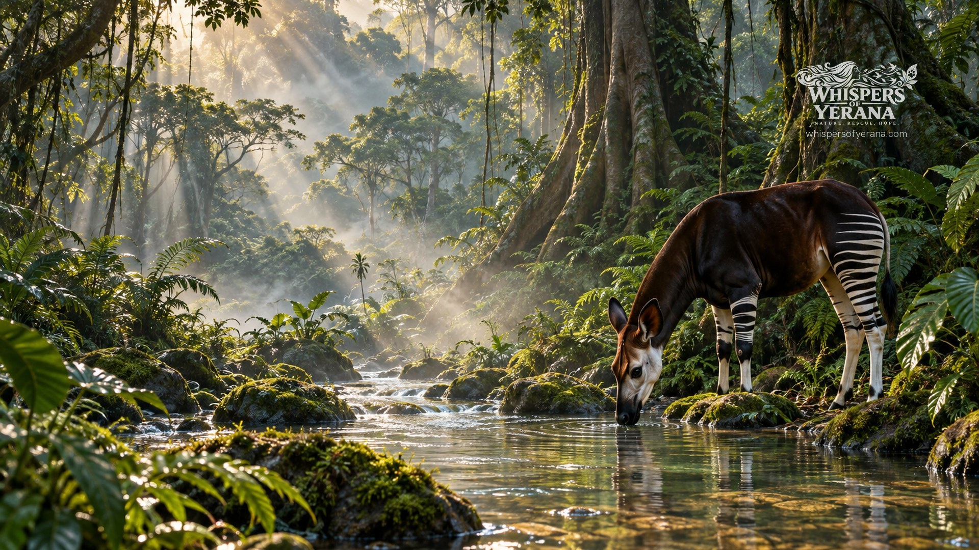Regenwald am Morgen mit Lichtstrahlen und einem trinkenden Okapi am Bach, oben rechts das Logo von Whispers of Yerana und die Adresse whispersofyerana.com.